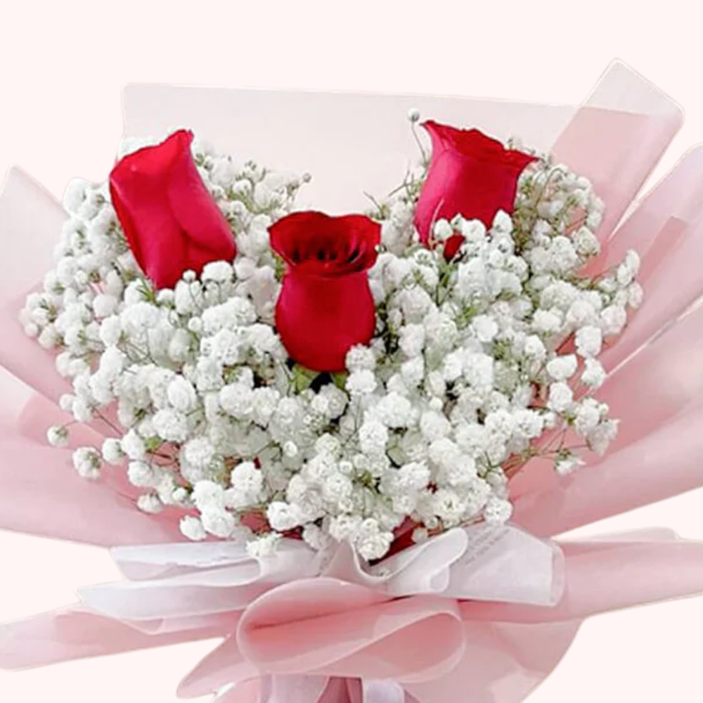 Floral Hub 3 Red Roses with Baby's Breath