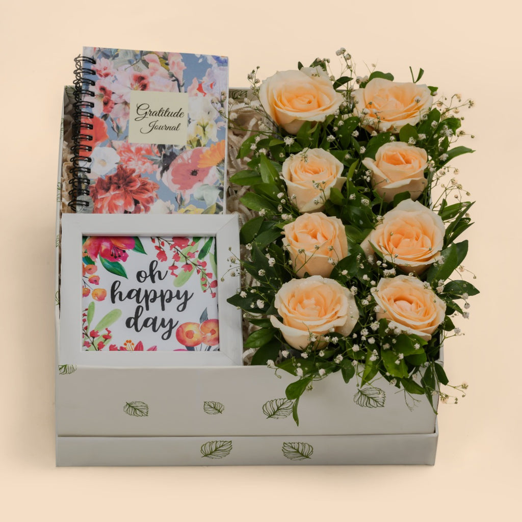 Instant Happiness Kit: Journal, 8 Peach Roses, Baby's Breath, Frame