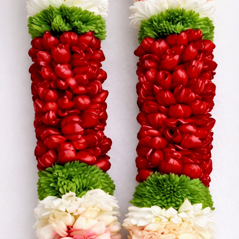Green Chrysanthemum With Aqua Pink & Red Rose Petals Garland