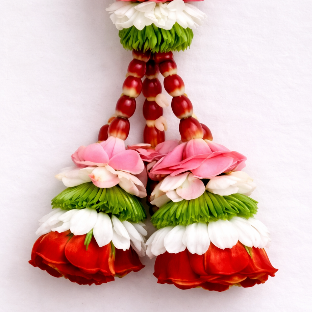 Green Chrysanthemum With Aqua Pink & Red Rose Petals Garland