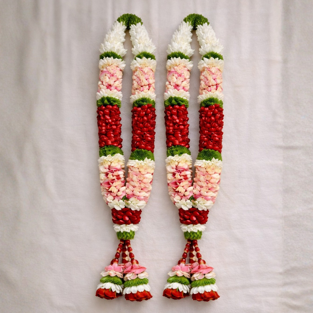 Green Chrysanthemum With Aqua Pink & Red Rose Petals Garland