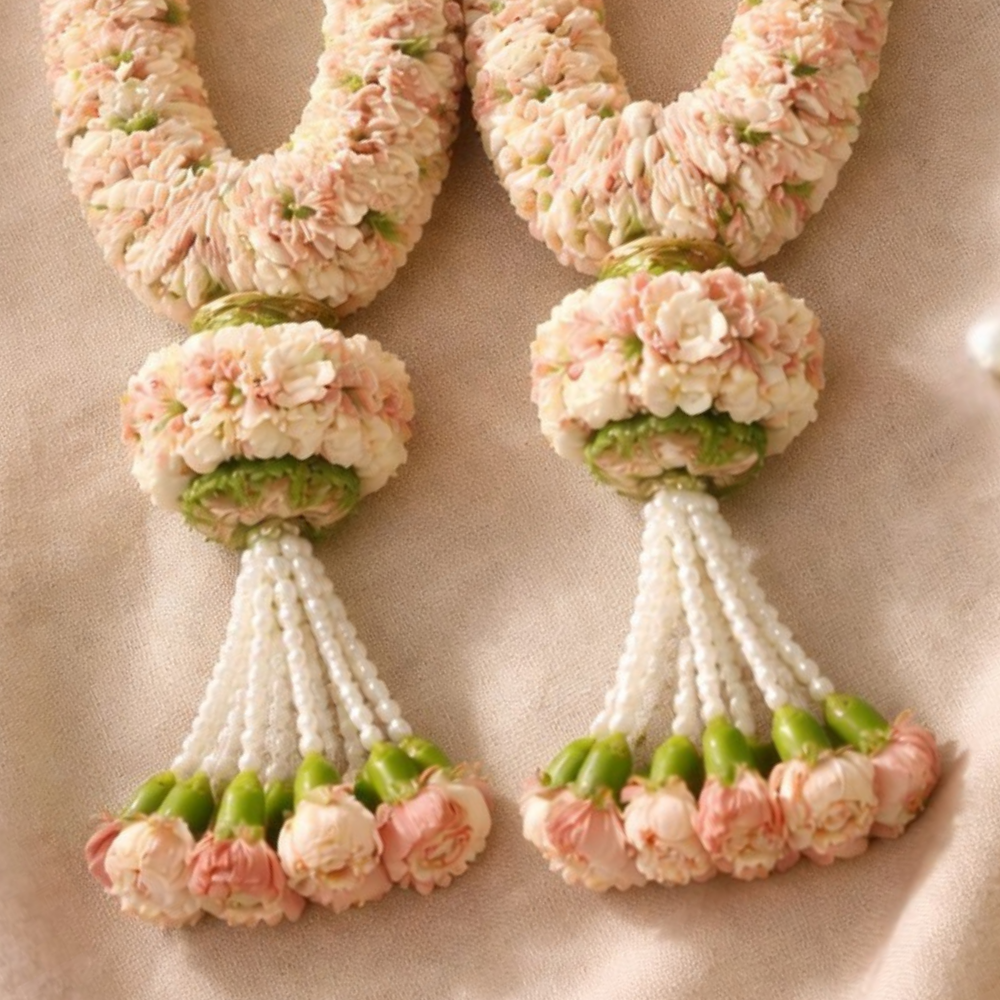 Pink & White Carnation Garland With Green Dots