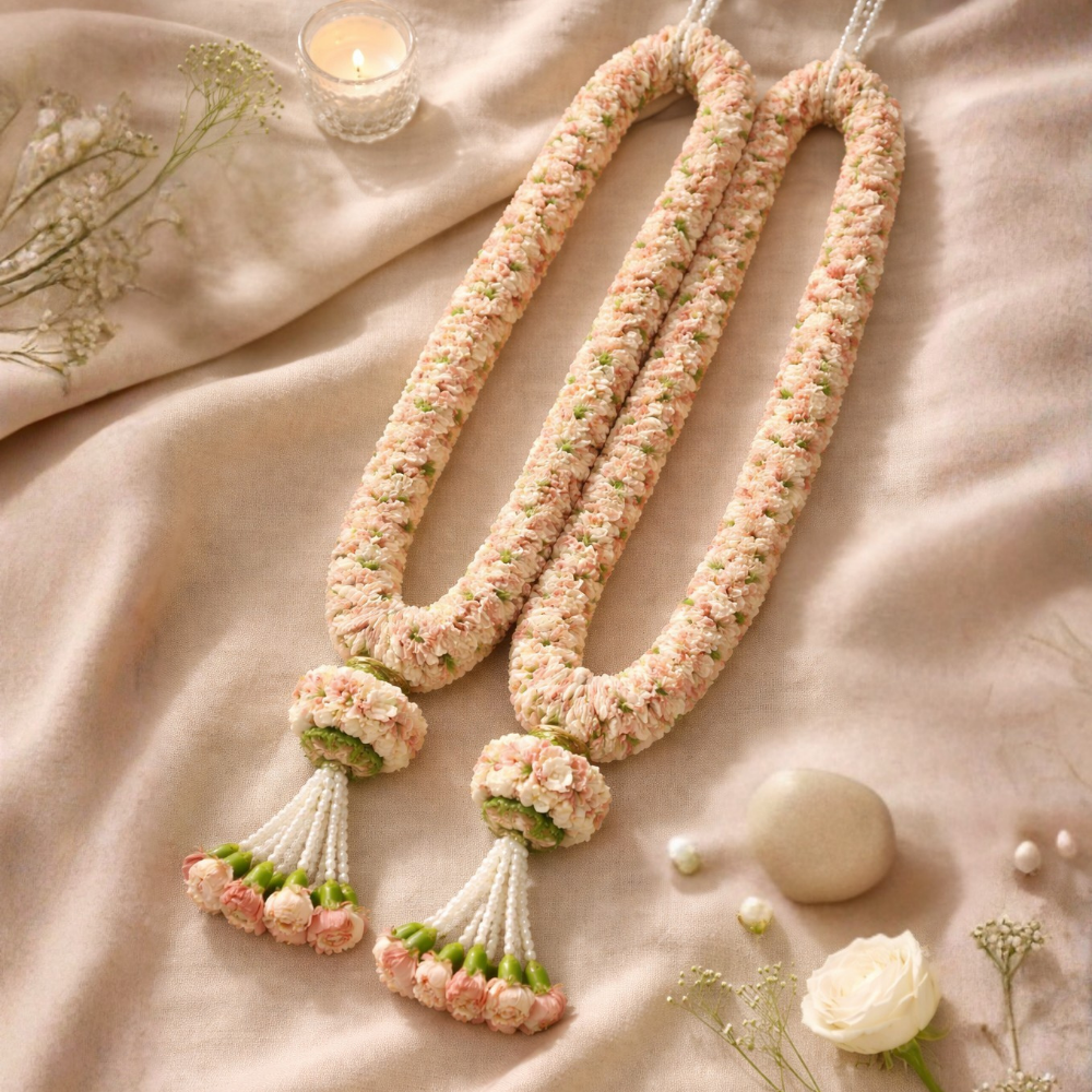 Pink & White Carnation Garland With Green Dots
