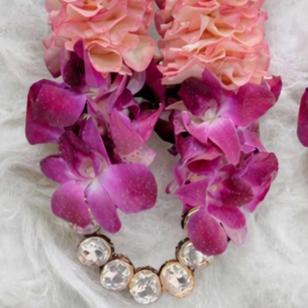 Crystal-Adorned Purple Orchid And Rose Petals Jaimala