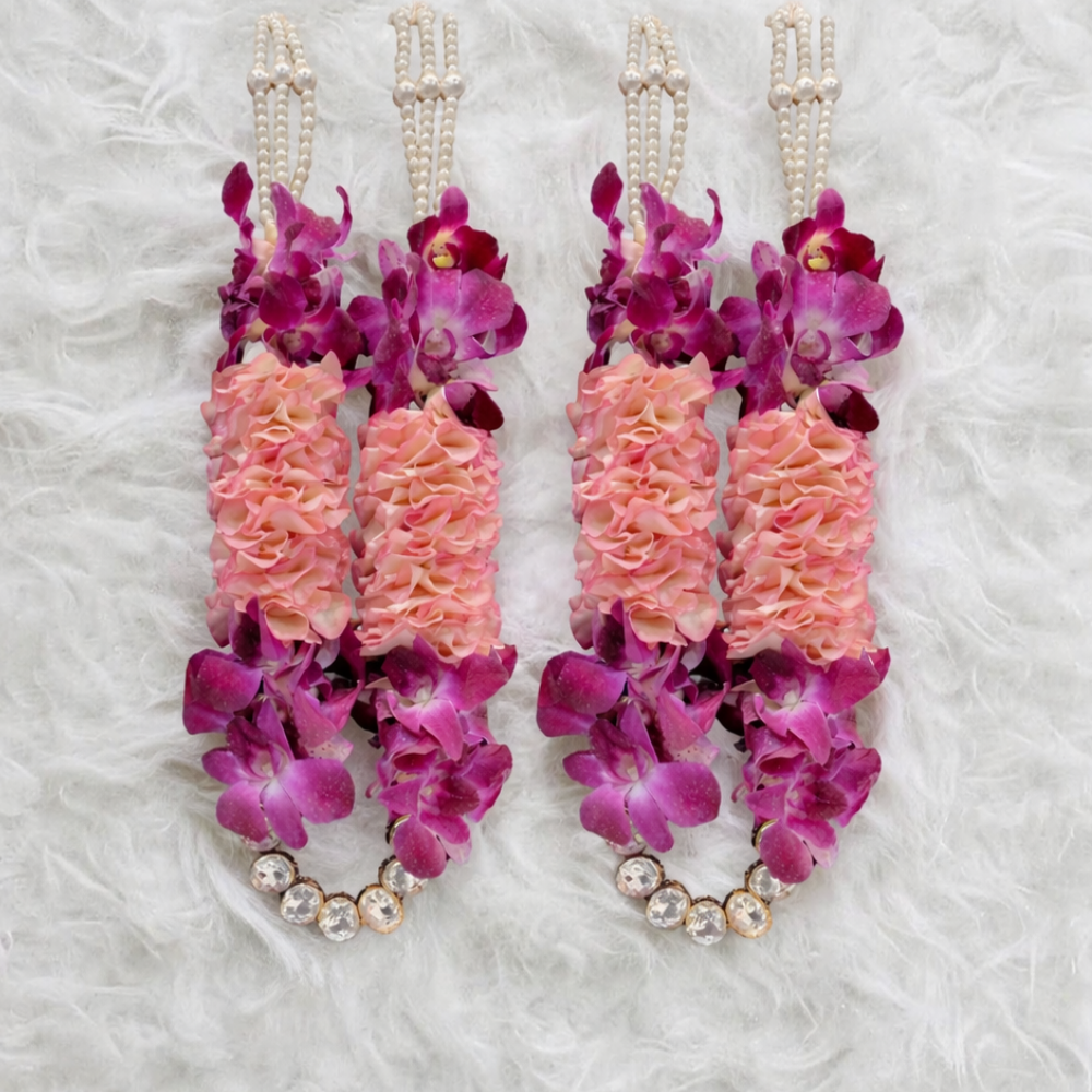 Crystal-Adorned Purple Orchid And Rose Petals Jaimala