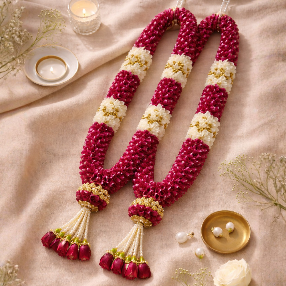 White And Red Rose Petal Jaimala For Wedding