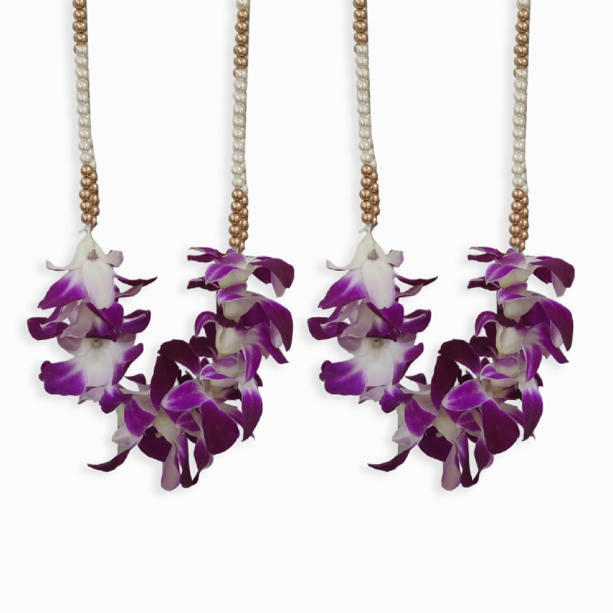 White pearl & Purple orchid garland with Golden Pearl