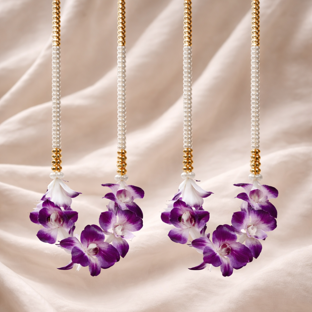 White pearl & Purple orchid garland with Golden Pearl