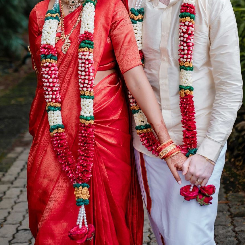 Traditional Jasmine and Rose petals Wedding Garland with Gold Accents