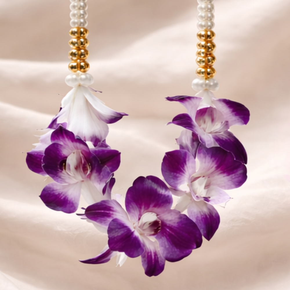 White pearl & Purple orchid garland with Golden Pearl