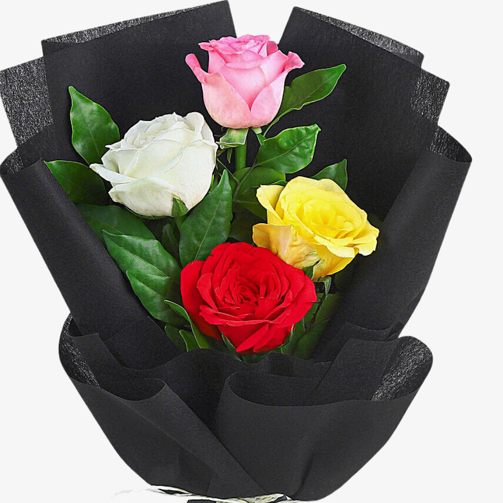 Elegant Mixed Rose Bouquet Wrapped in Black Paper