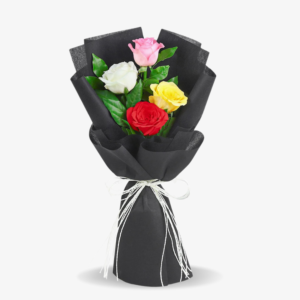 Elegant Mixed Rose Bouquet Wrapped in Black Paper