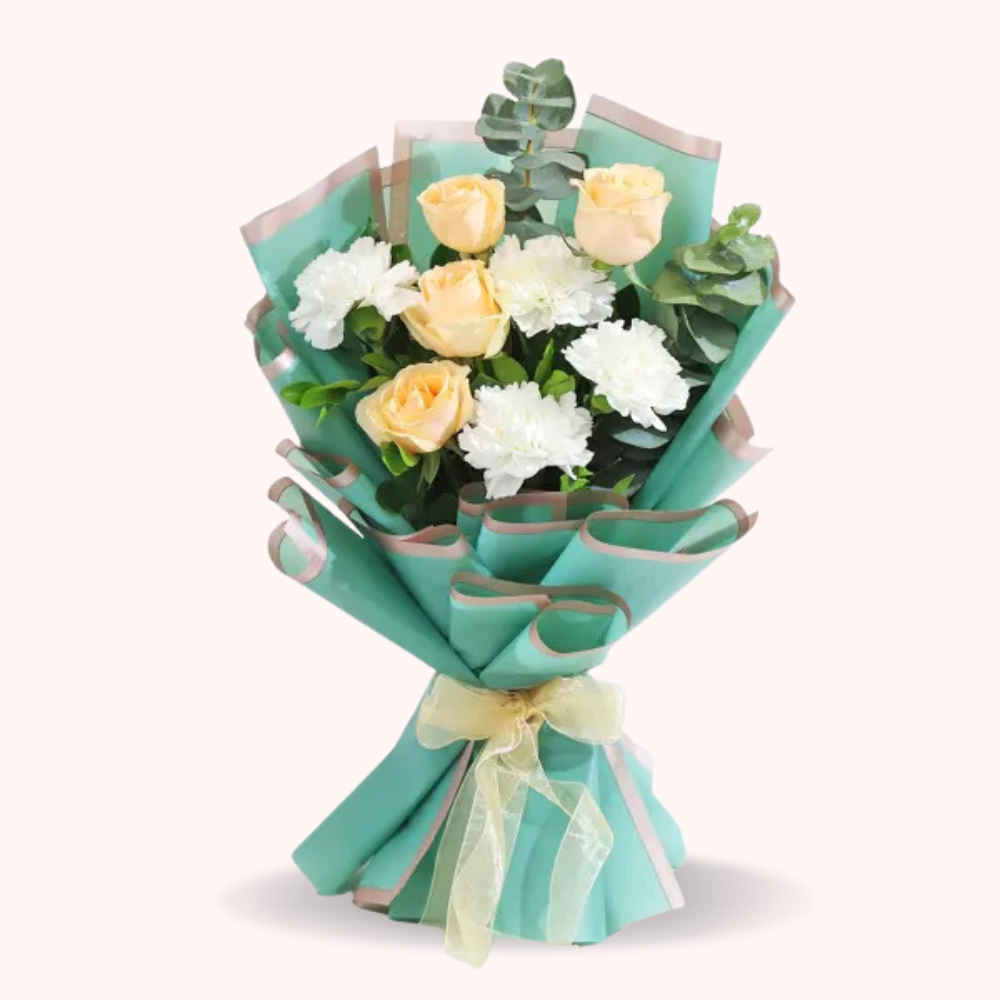 Elegant Peach Roses and White Carnations Bouquet