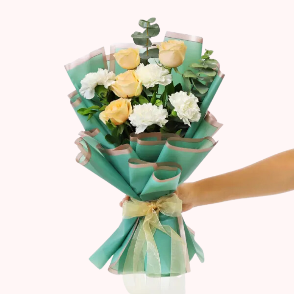 Elegant Peach Roses and White Carnations Bouquet