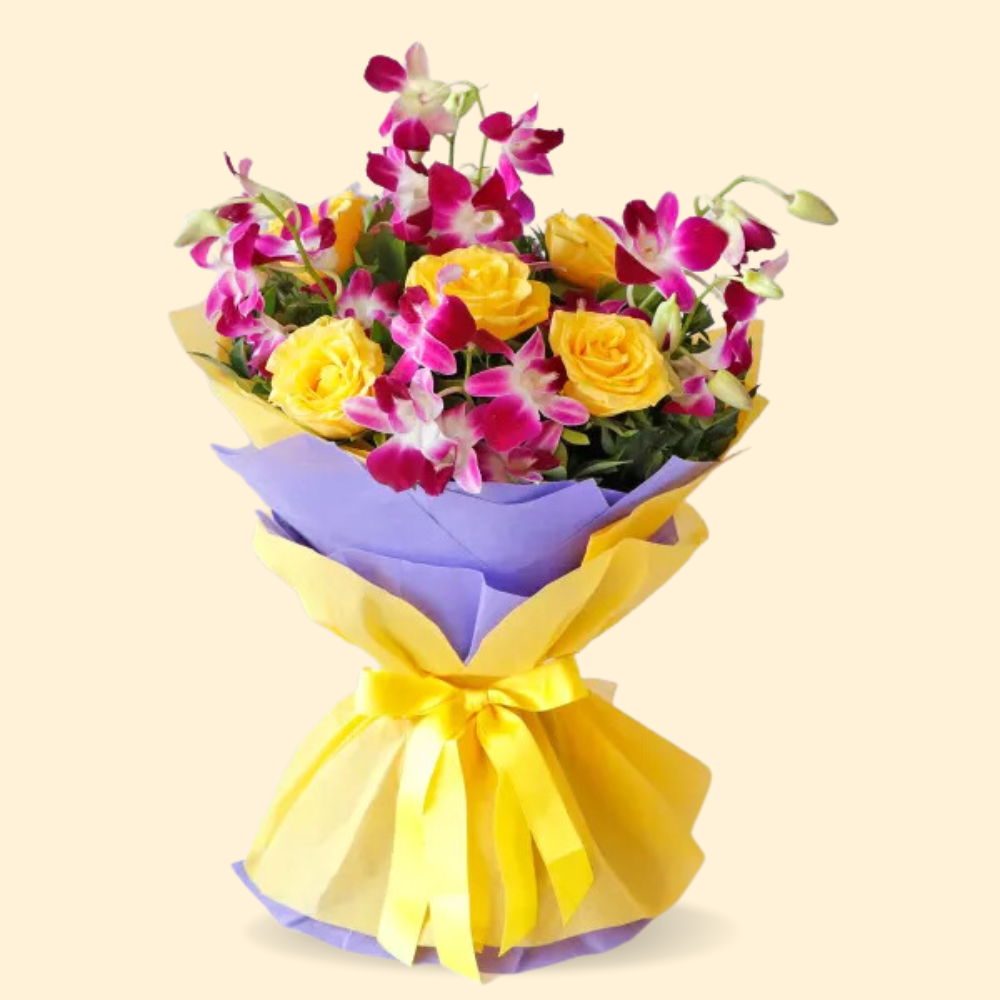 Vibrant Orchids & Yellow Roses Bouquet