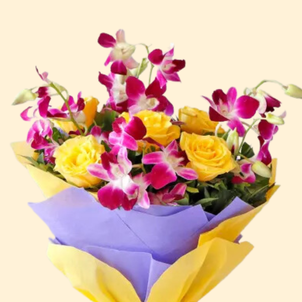 Vibrant Orchids & Yellow Roses Bouquet