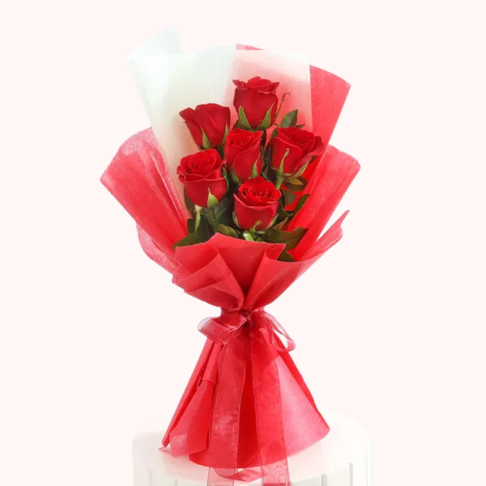 Red Rose Bouquet - 6 Stems with Premium Wrap