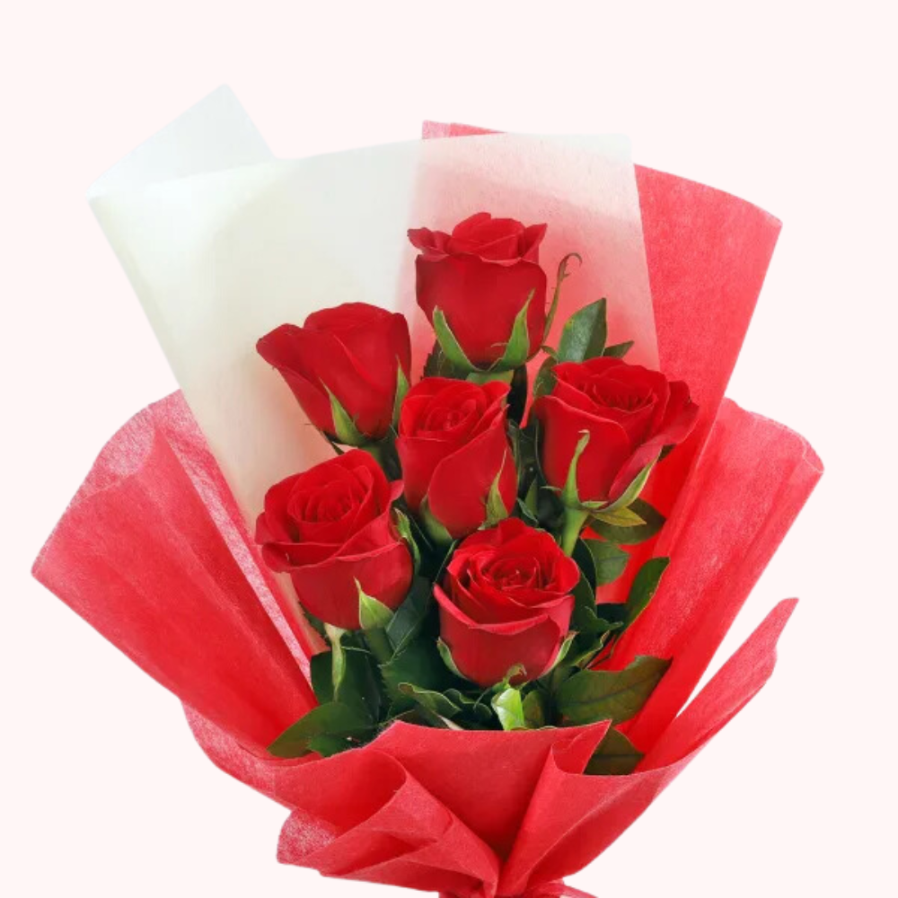 Red Rose Bouquet - 6 Stems with Premium Wrap