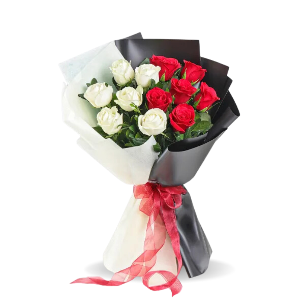 Red and White Rose Bouquet with Black Wrap