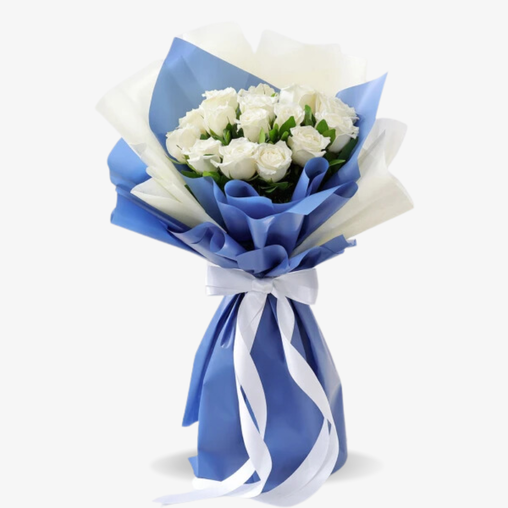Elegant White Rose Bouquet Wrapped in Blue