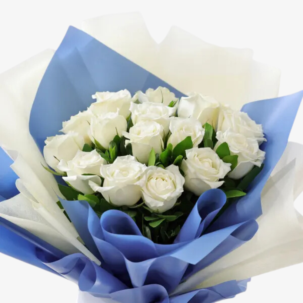 Elegant White Rose Bouquet Wrapped in Blue
