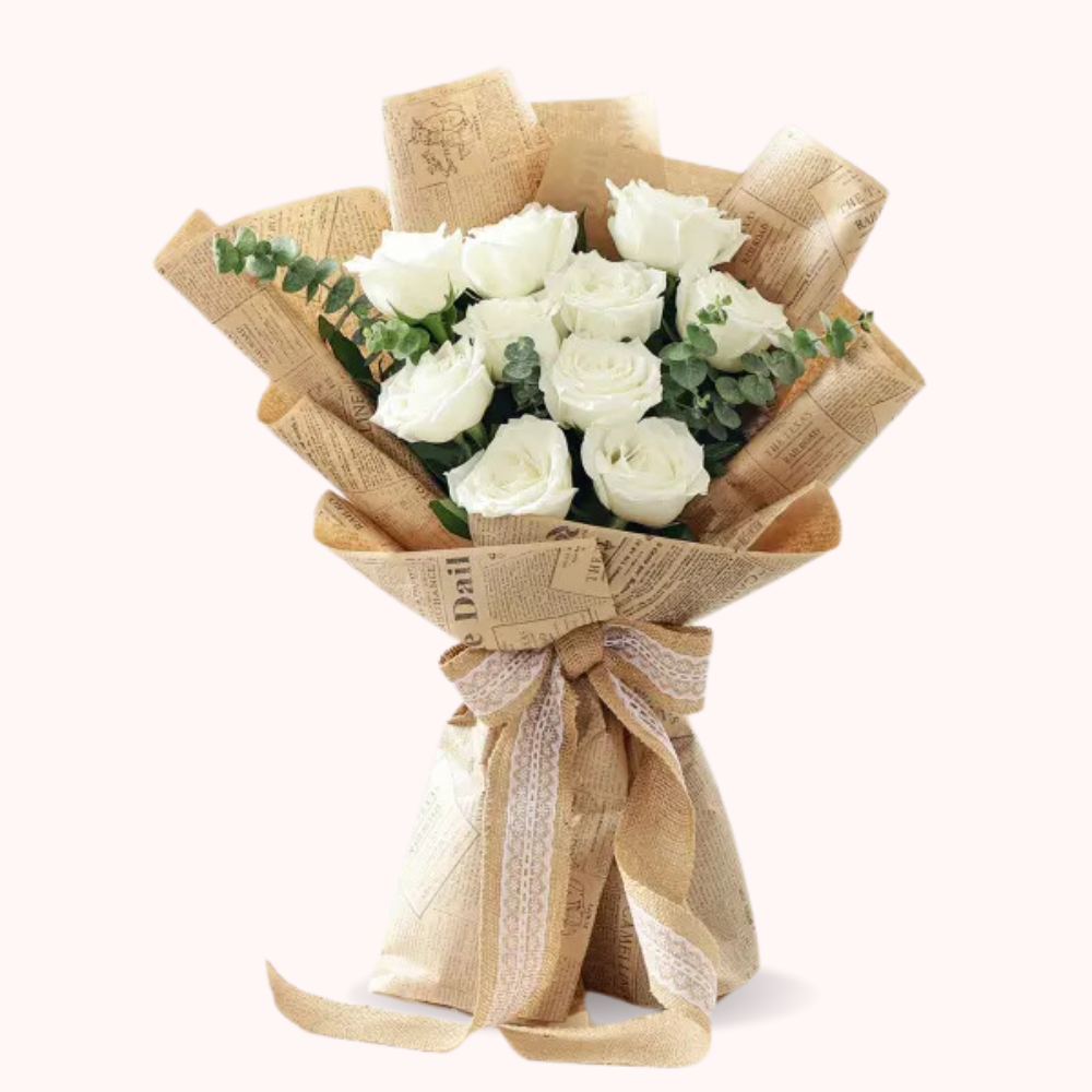 Elegant White Rose Bouquet Wrapped in Vintage Newspaper