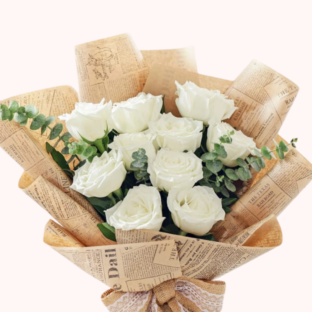 Elegant White Rose Bouquet Wrapped in Vintage Newspaper