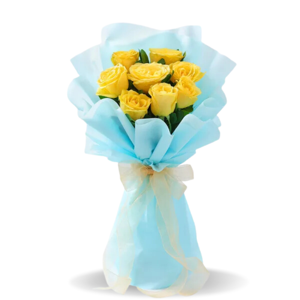 Sunshine Yellow Rose Bouquet in Blue Wrap