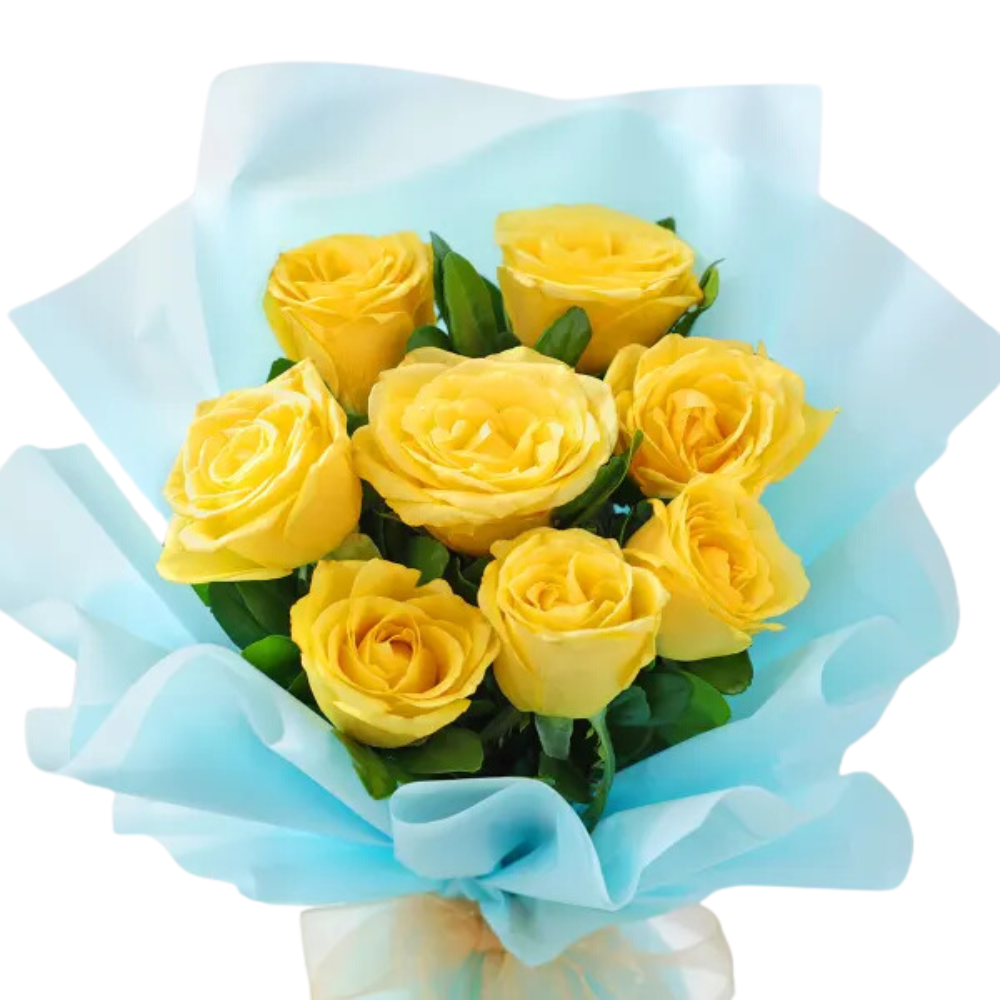 Sunshine Yellow Rose Bouquet in Blue Wrap