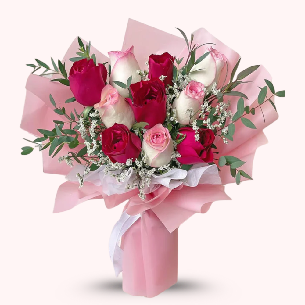 Love-filled Red & Aqua Pink Roses Bouquet