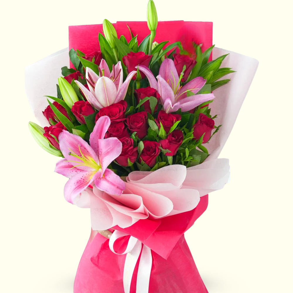 Lovely Red Rose & Pink Lily Bouquet