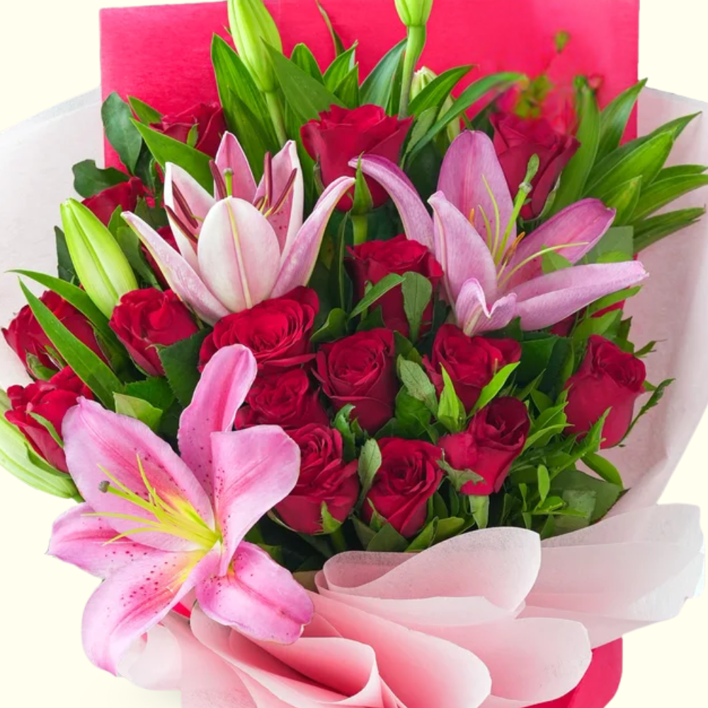 Lovely Red Rose & Pink Lily Bouquet