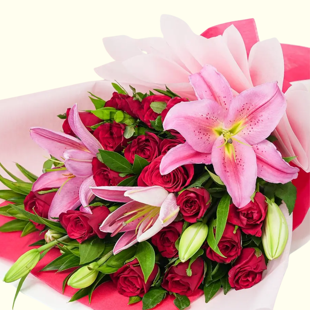Lovely Red Rose & Pink Lily Bouquet