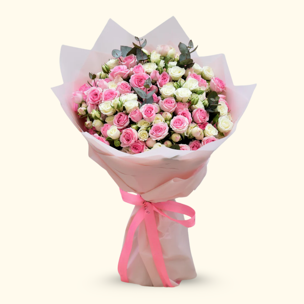Miniature Pink & White Rose Bouquet - 75 Stems