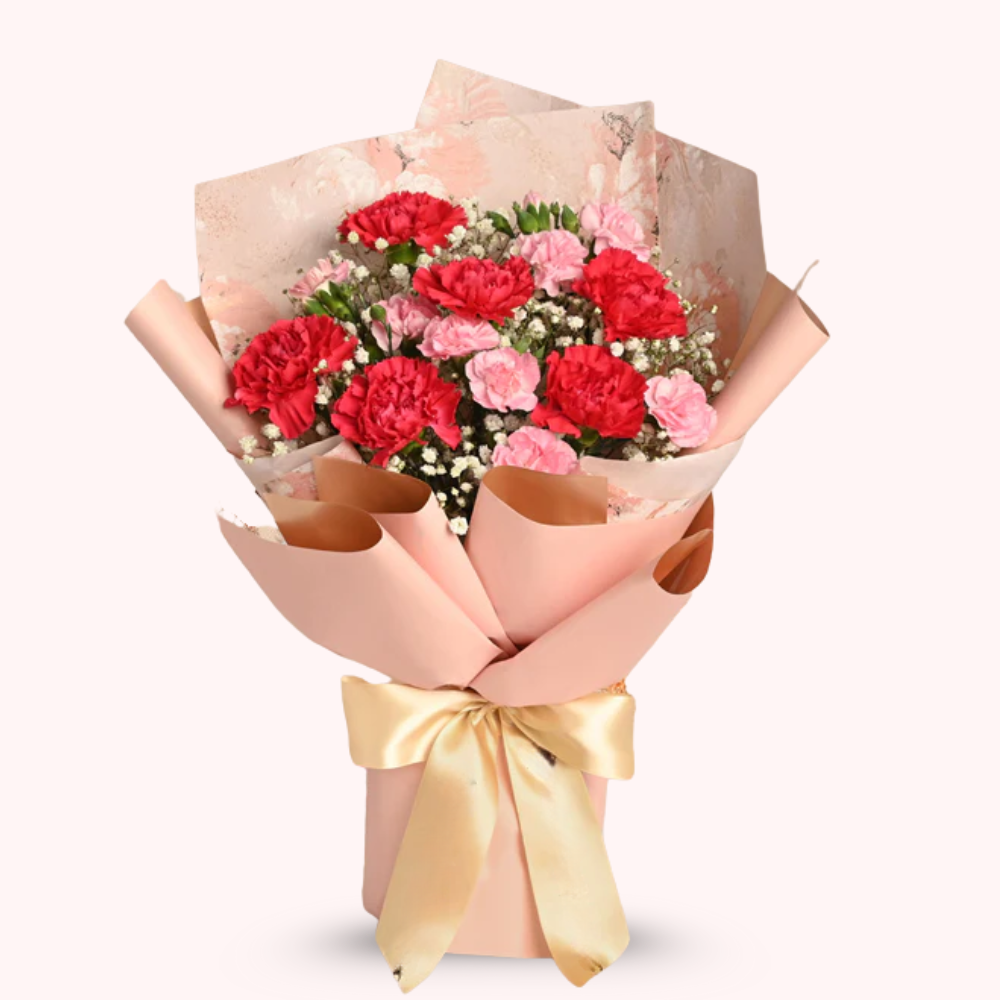 Red & Pink Carnation Bouquet with Gypsy