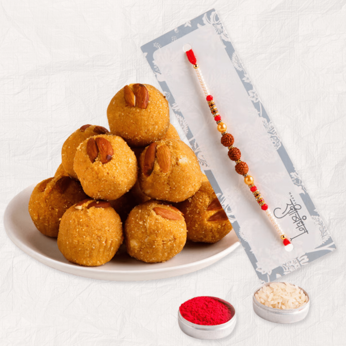 Rudraksha Beaded Rakhi with Delicious Besan Laddoos