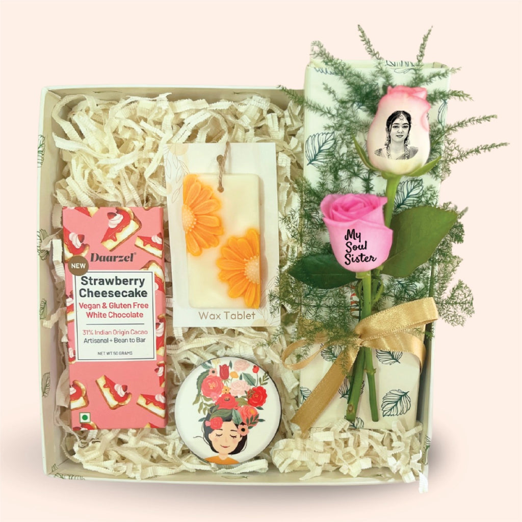 Personalized Soul Sister Gift Box with Chocolate, Fridge Magnet & Custom Roses