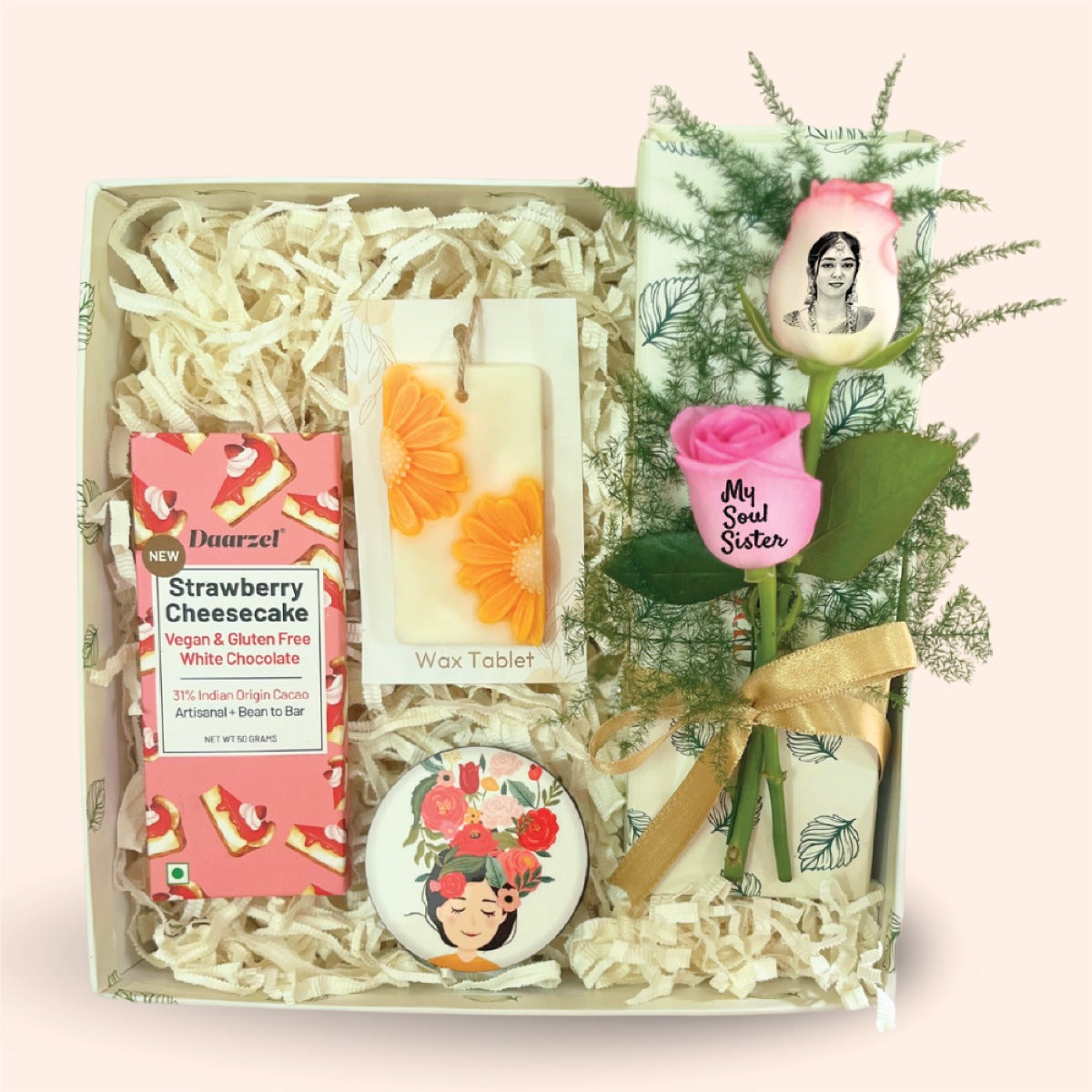 Personalized Soul Sister Gift Box with Chocolate, Fridge Magnet & Custom Roses