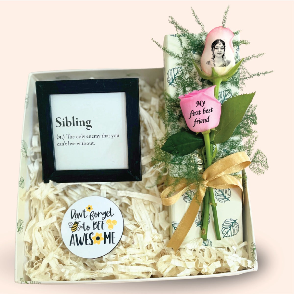 Personalized Sibling Gift Box with Photo Frame, Fridge Magnet & Custom Roses