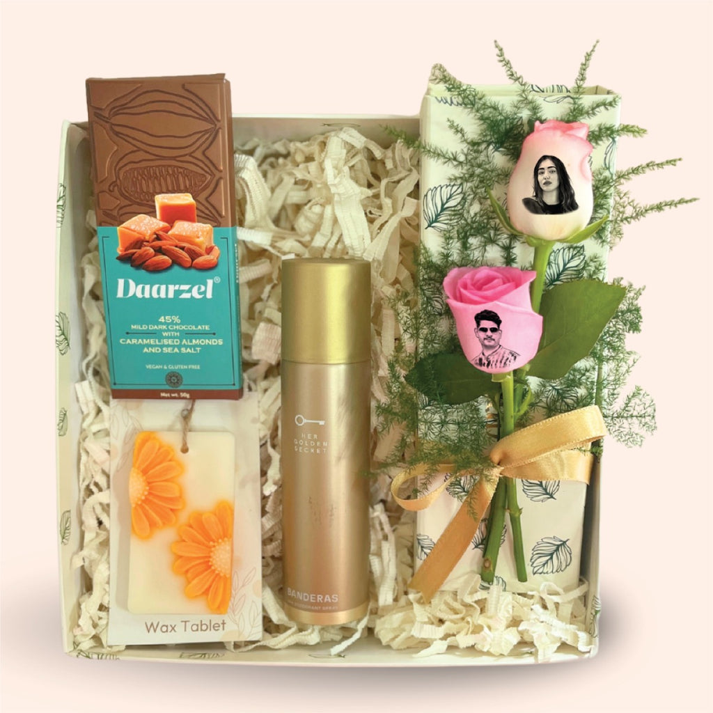 Sister Fragrance Gift Box with Deo, Chocolate & Custom Roses