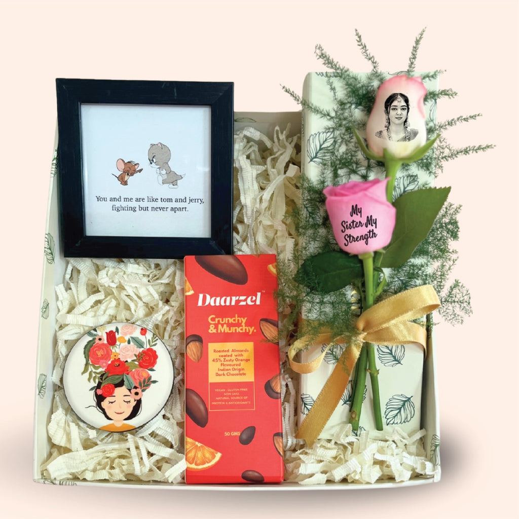 Sister Bond Gift Box with Frame, Chocolate & Custom Roses