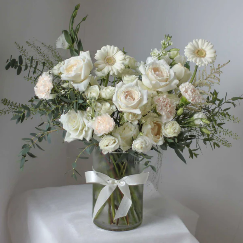 Thoughtful 25 White Assorted Flowers in Glass Vase
