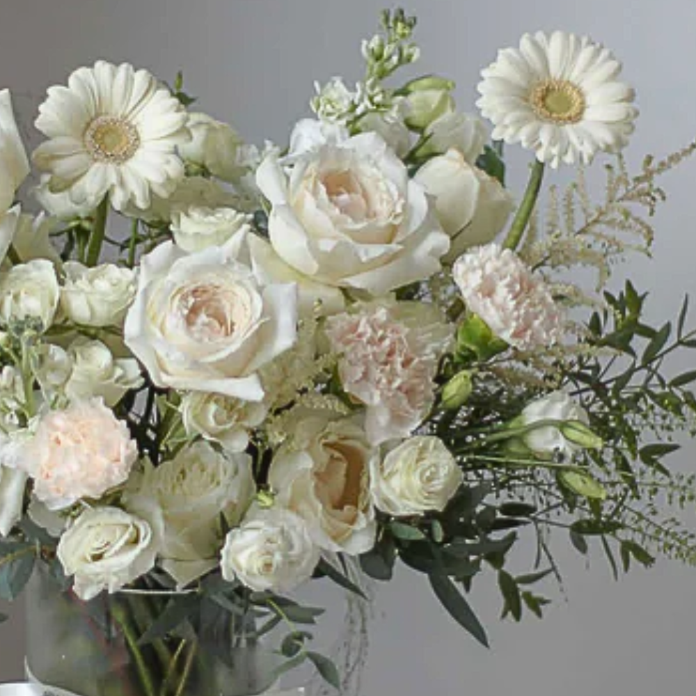 Thoughtful 25 White Assorted Flowers in Glass Vase