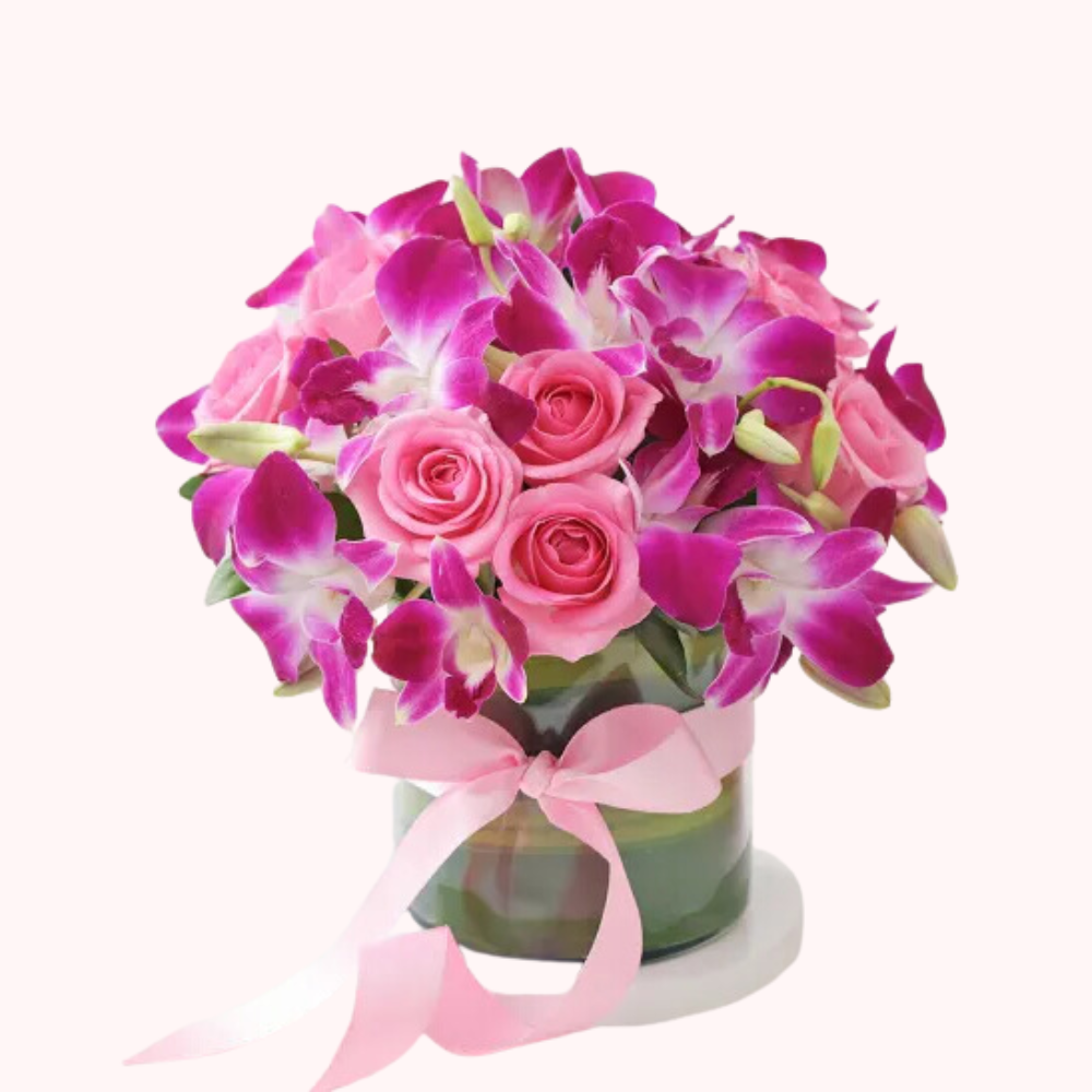 Pink Rose and Orchid Arrangement in Glass Vase
