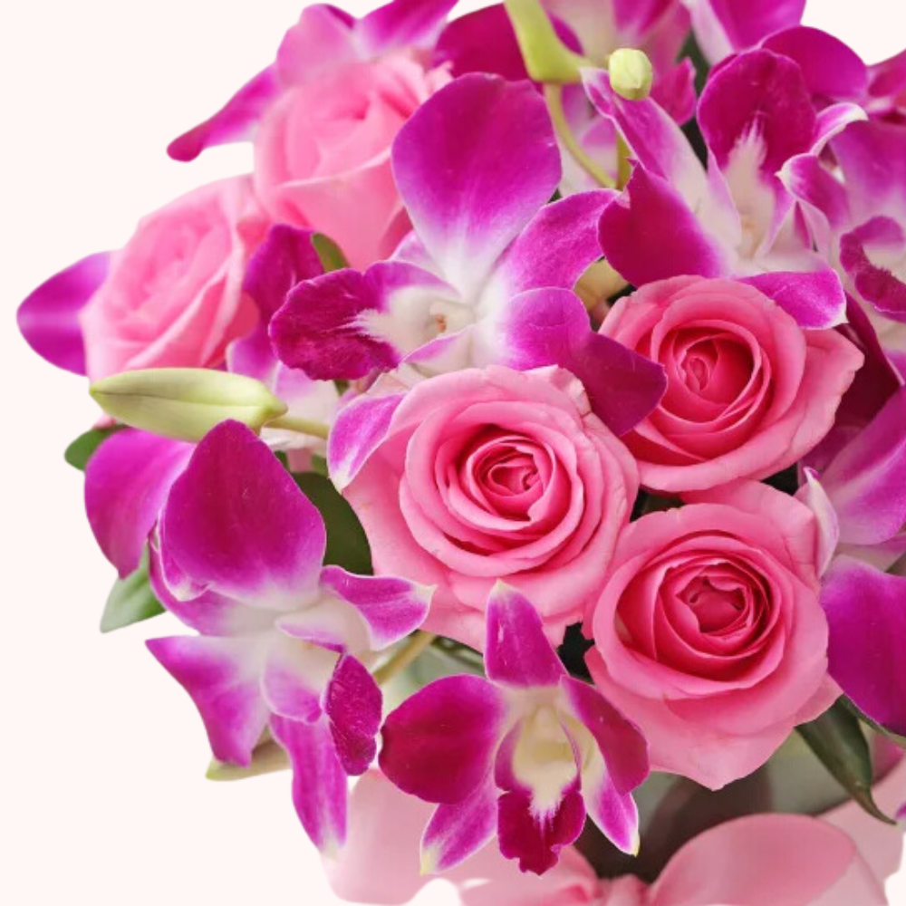 Pink Rose and Orchid Arrangement in Glass Vase