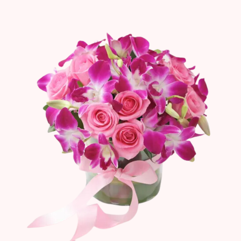 Pink Rose and Orchid Arrangement in Glass Vase