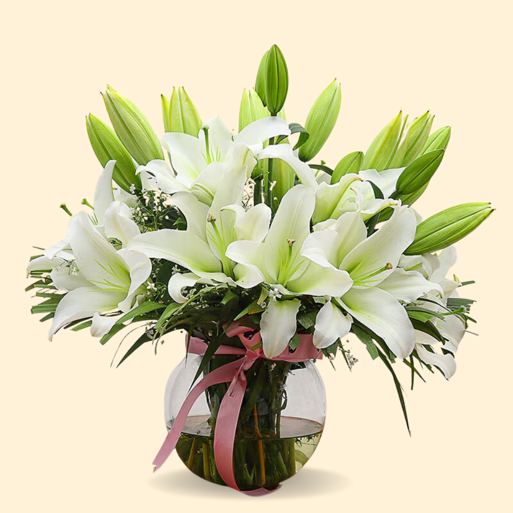Elegant White Lily Bouquet  in Glass Vase