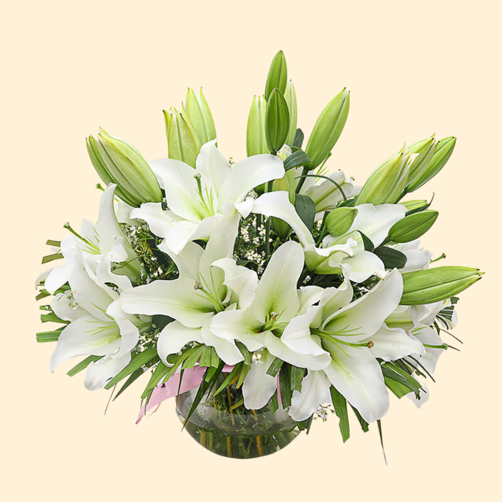 Elegant White Lily Bouquet  in Glass Vase