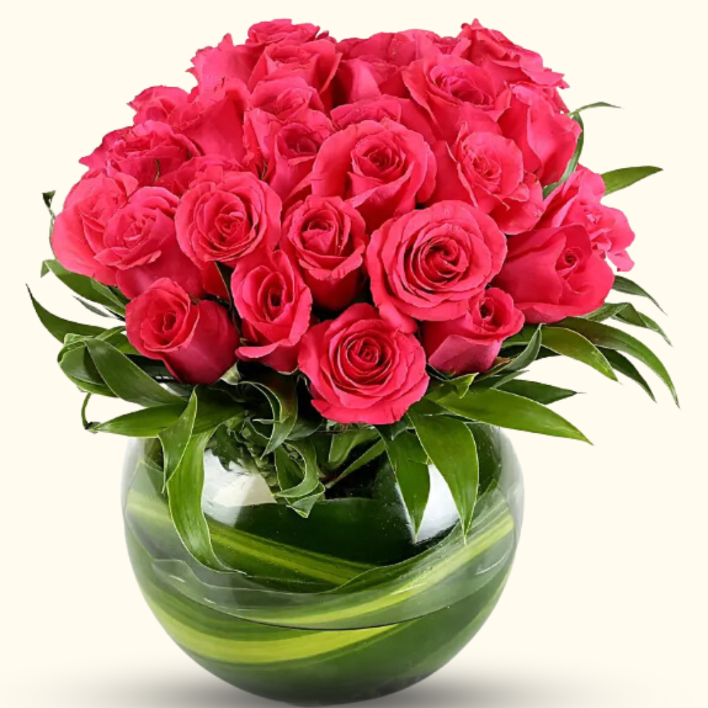 Luxurious Dark Pink Roses in Glass Vase