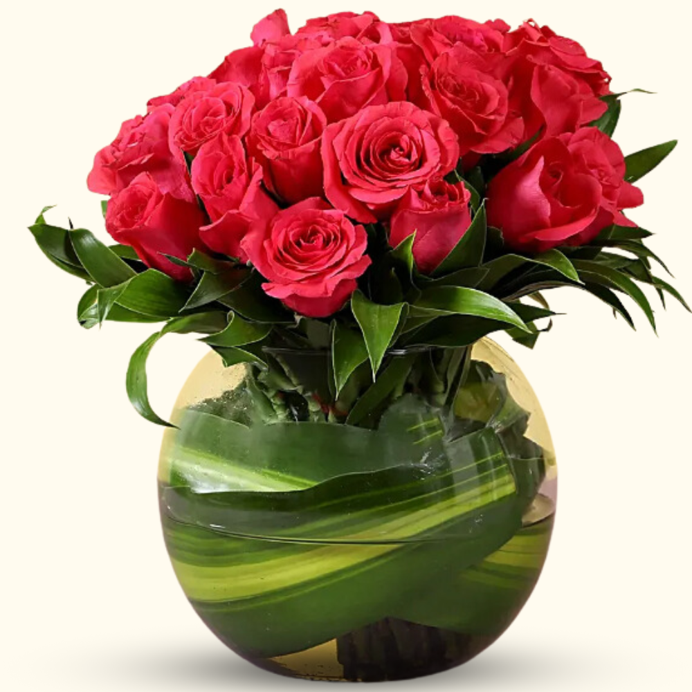 Luxurious Dark Pink Roses in Glass Vase